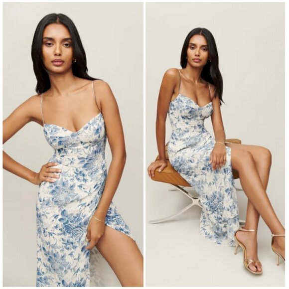 💕REFORMATION💕 Kourtney Dress ~ Pompadour Blue Floral Bird Print 4 NWT - Picture 1 of 16